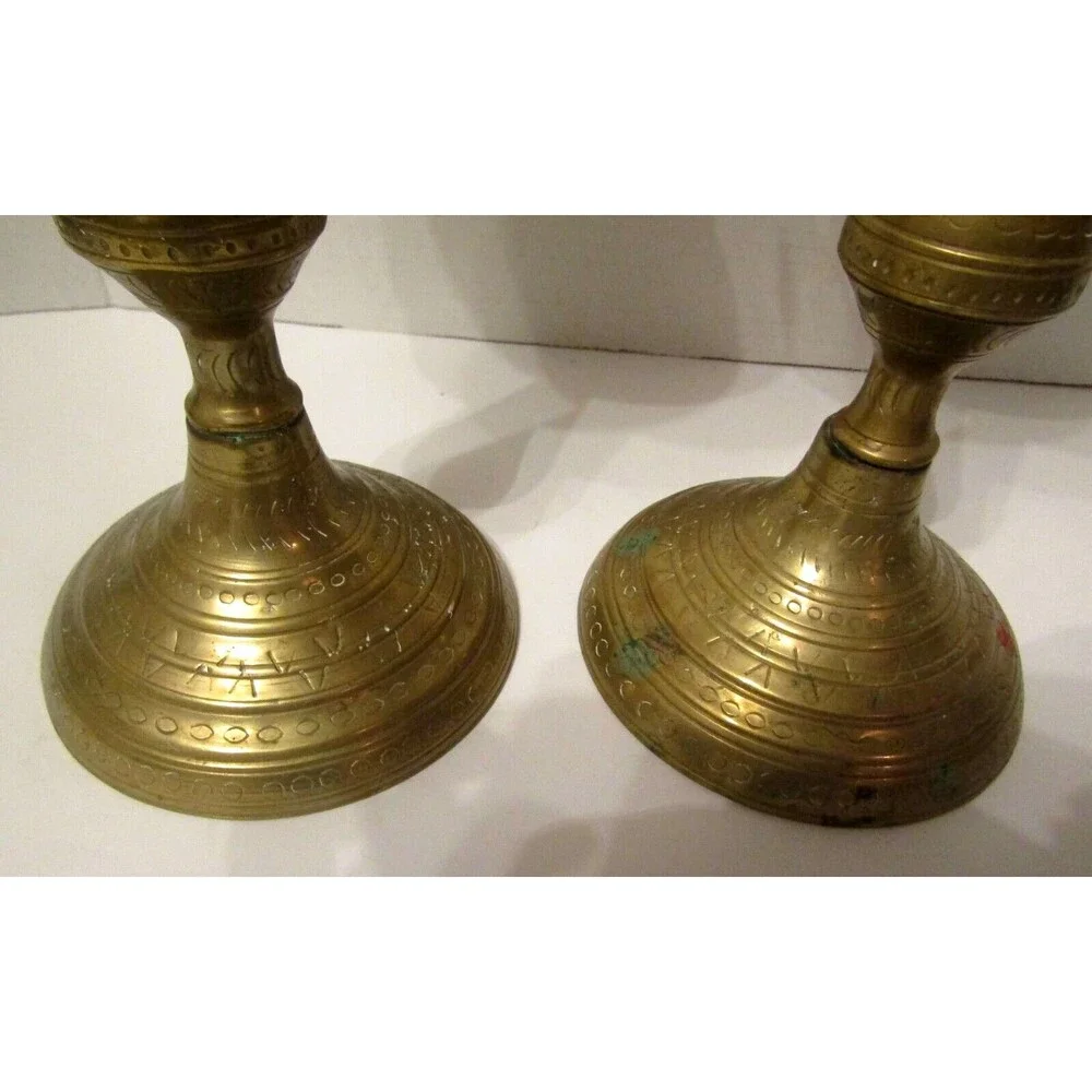 Moroccan Candle Holders Vintage 1950s Solid Brass Mid Century Set Pair Etched